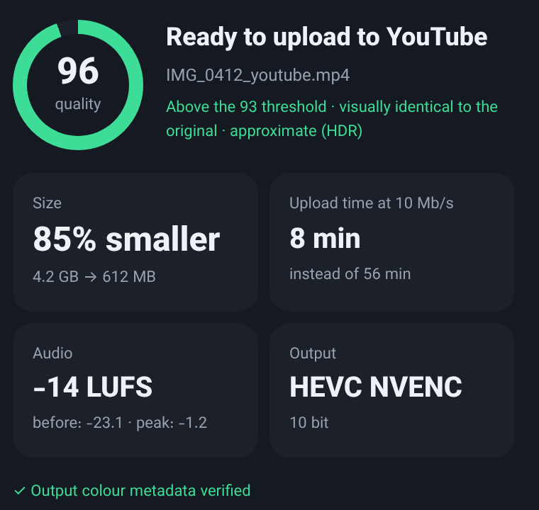 Example screen: the finished-file card with the measured quality score, the size saved and the upload time
